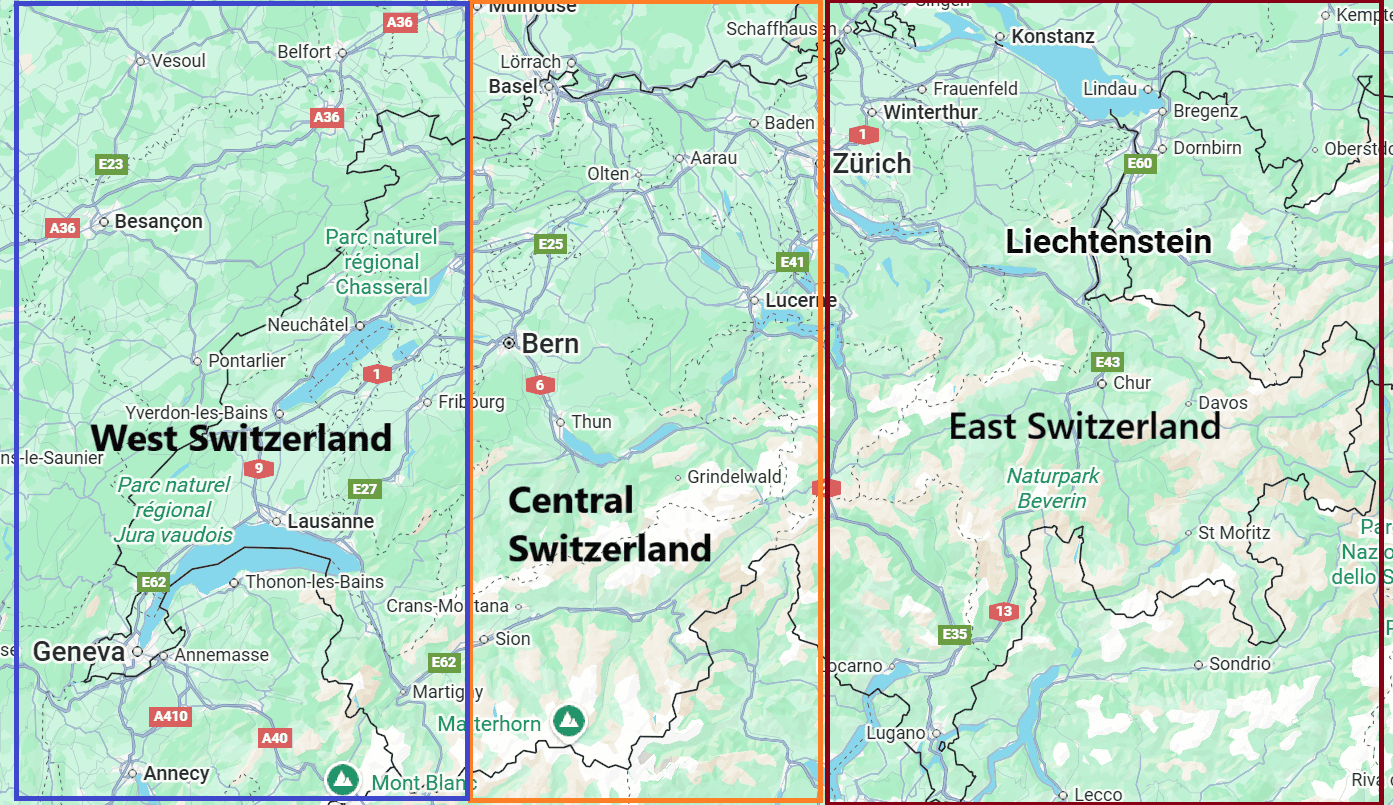 מפת איזורי הטיול המרכזיים בשוויץ